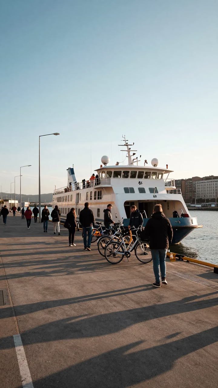 Late Afternoon Ferry Dock Scene in Bilbao Spain with Passengers and Bicycles in in Bilbao, Spain