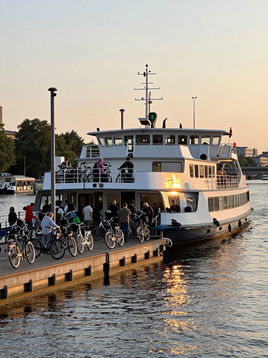 Late Afternoon Ferry Loading Passengers and Bicycles at Berlin Dock in in Berlin, Germany