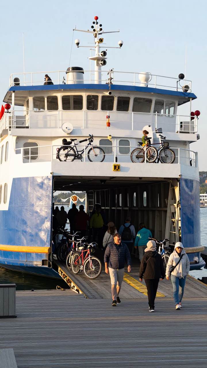 Late Afternoon Ferry Loading Passengers and Bicycles at Quebec City Dock in in Quebec City, Quebec, Canada