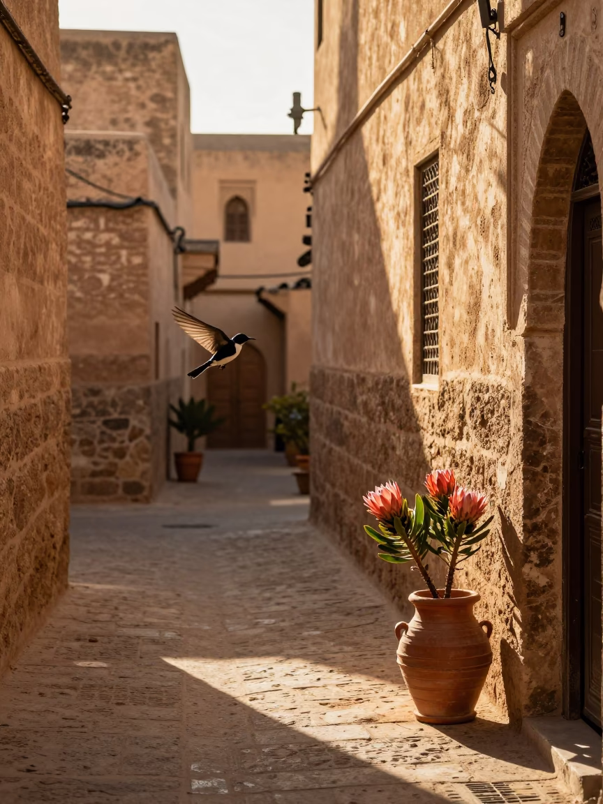Late Afternoon Fez Medina Alley with Sunbird and Traditional Pottery in in Fez, Morocco