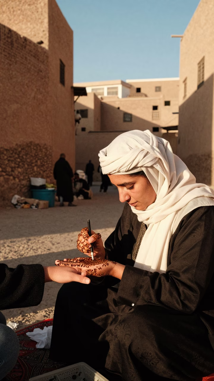 Late Afternoon Fez Morocco Henna Artist Decorating Hand in Traditional Medina Alley in in Fez, Morocco