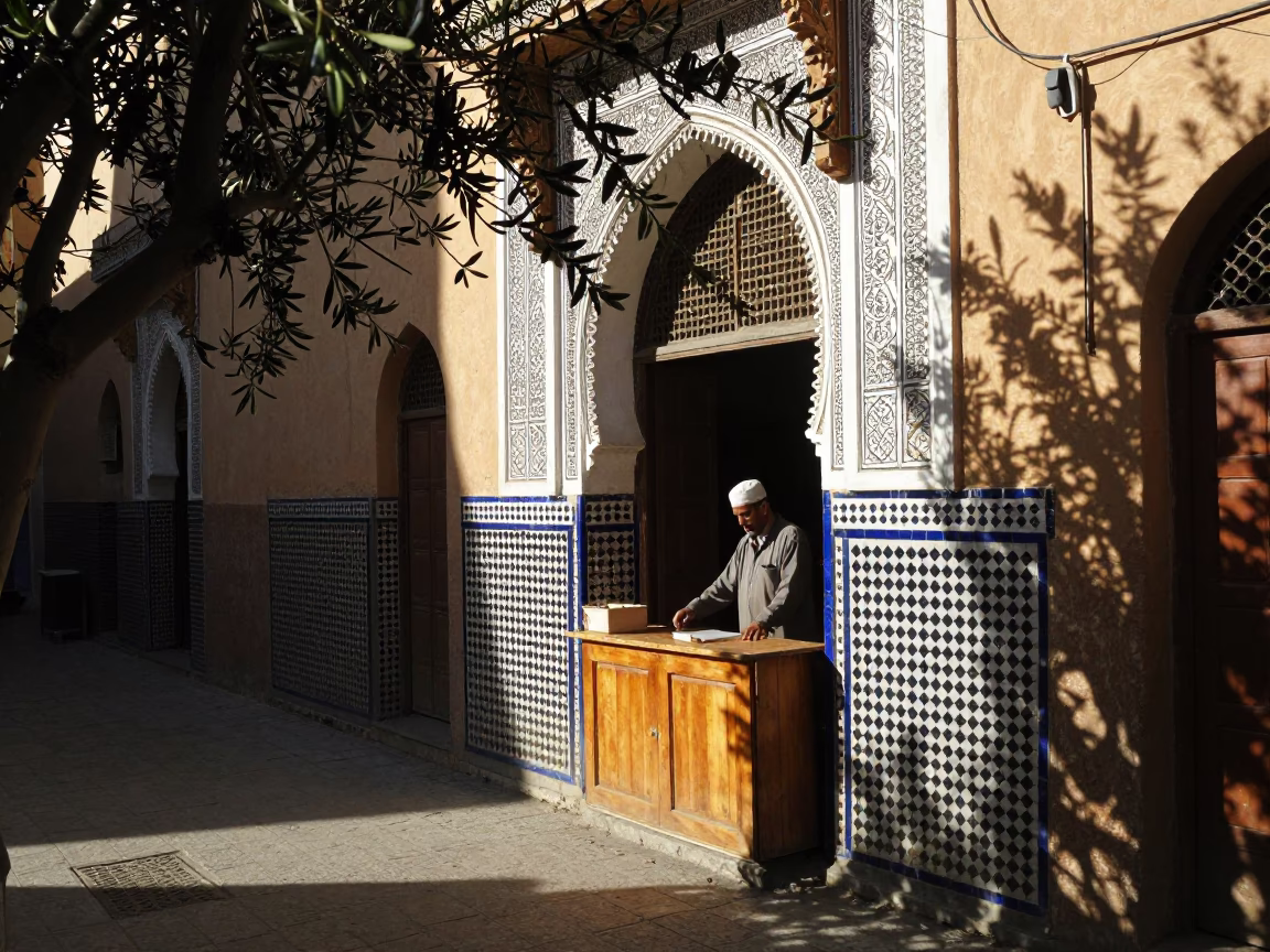 Late Afternoon Fez Morocco Street Scene with Olive Branch and Traditional Zellige Tilework in in Fez, Morocco