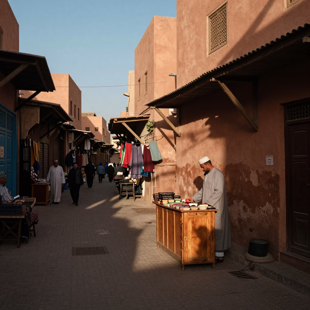 Late Afternoon Fez Morocco Street Scene with Traditional Bazaar Elements in in Fez, Morocco