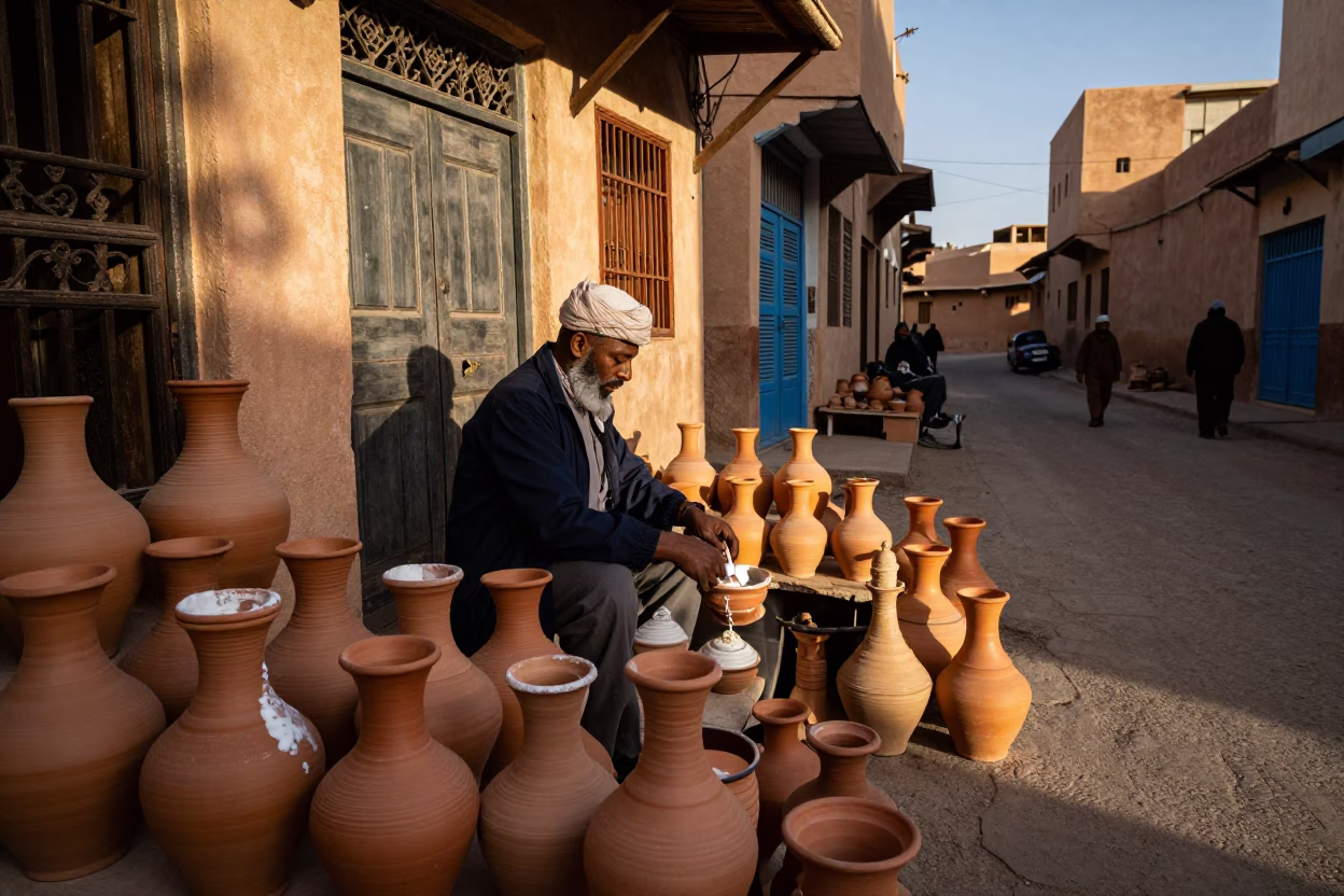 Late Afternoon Fez Morocco Street Scene with Traditional Pottery and Soap Residue in in Fez, Morocco