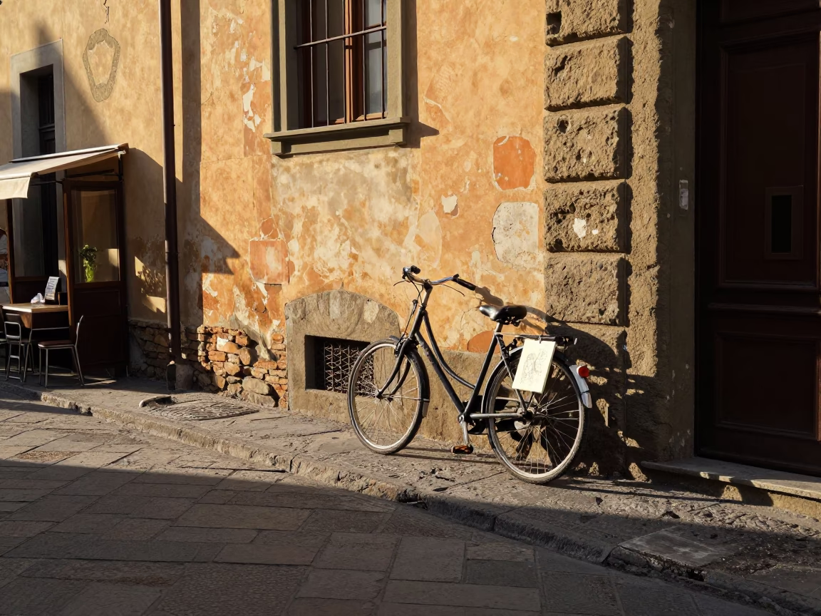 Late Afternoon Florence Street Scene with Bicycle and Sketchbook in in Florence, Italy