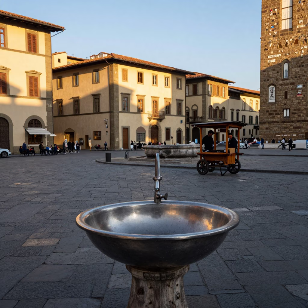 Late Afternoon Florence Street Scene with Brushed Steel Basin and Onions in in Florence, Italy