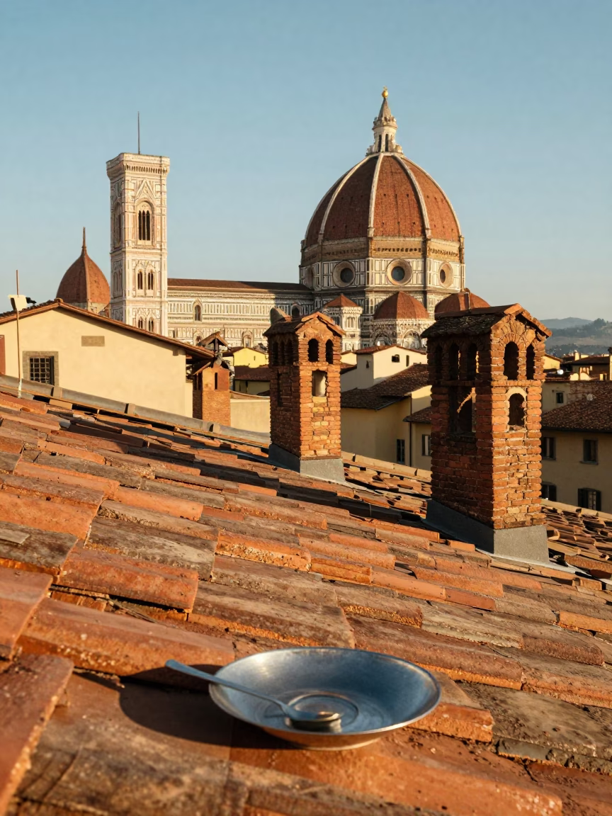 Late Afternoon Florence Street Scene with Brushed Steel Saucer and Bell in in Florence, Italy