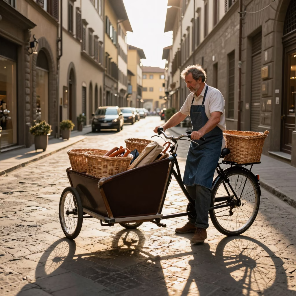 Late Afternoon Florence Street Scene with Cargo Bicycle and Aprons in in Florence, Italy