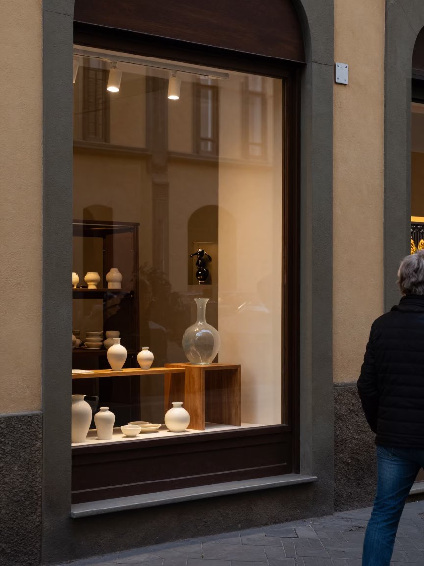 Late Afternoon Florence Street Scene with Ceramic Shop Display and Traditional Architecture in in Florence, Italy