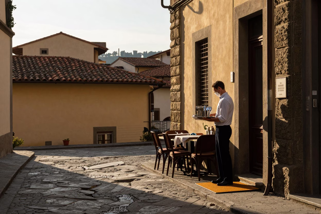 Late Afternoon Florence Street Scene with Cutlery and Doormat in in Florence, Italy