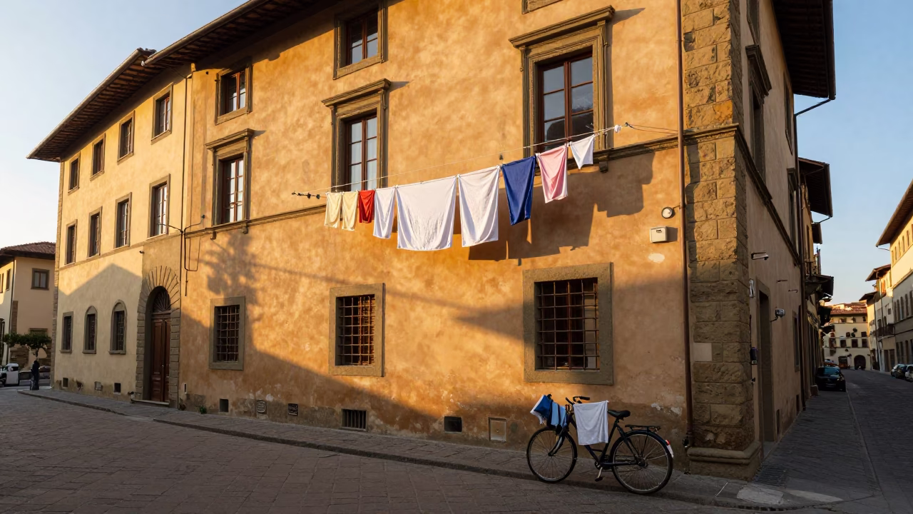 Late Afternoon Florence Street Scene with Laundry and Bicycle in Historic Italian City in in Florence, Italy