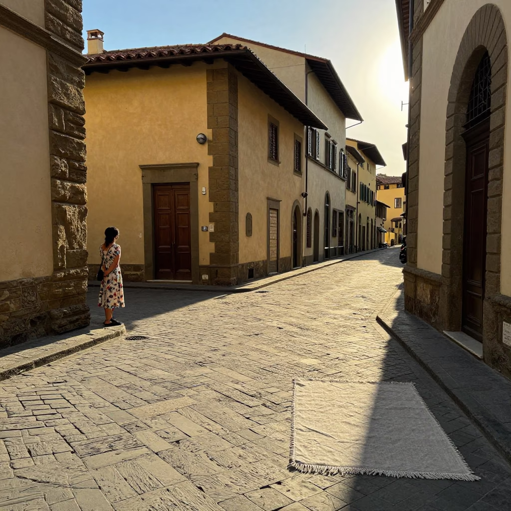 Late Afternoon Florence Street Scene with Linen Fringe Detail and Local Life in in Florence, Italy