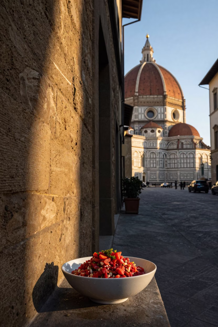 Late Afternoon Florence Street Scene with Ribollita Bowl and Condensation on Historic Stone Wall in in Florence, Italy