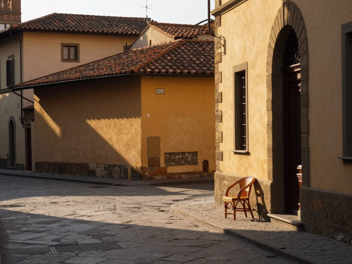 Late Afternoon Florence Street Scene with Wicker Chair and Door Wreaths in in Florence, Italy