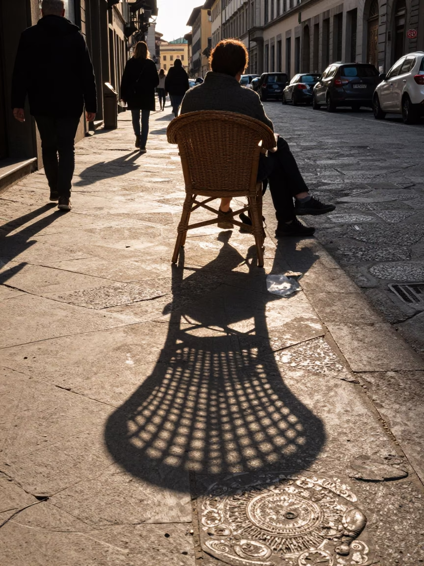 Late Afternoon Florence Street Scene with Wicker Shadow and Ginkgo Leaves in in Florence, Italy