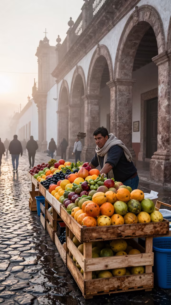 Late Afternoon Fruit Display in San Cristóbal Mist in in the old quarter in San Cristóbal