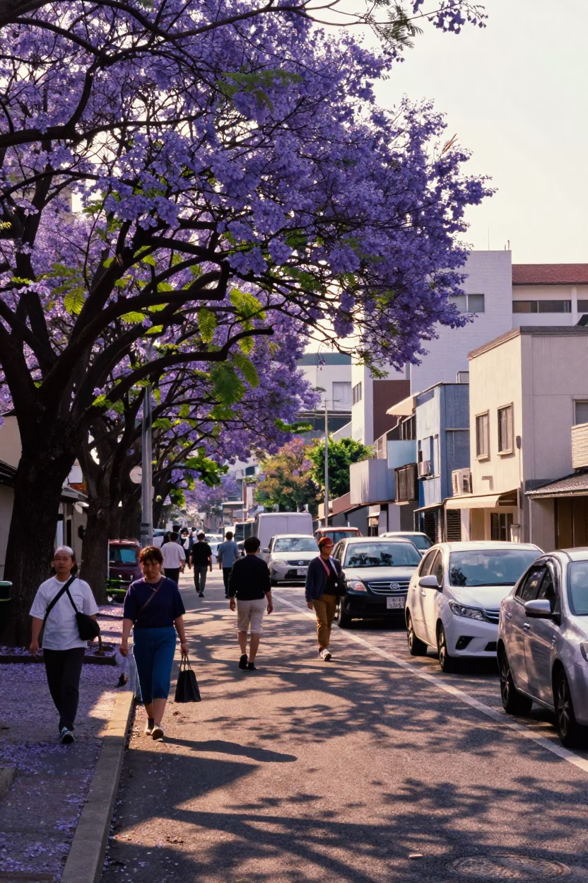 Late Afternoon Fukuoka Street Scene with Jacaranda Tree and Padlock on Gate in in Fukuoka, Japan