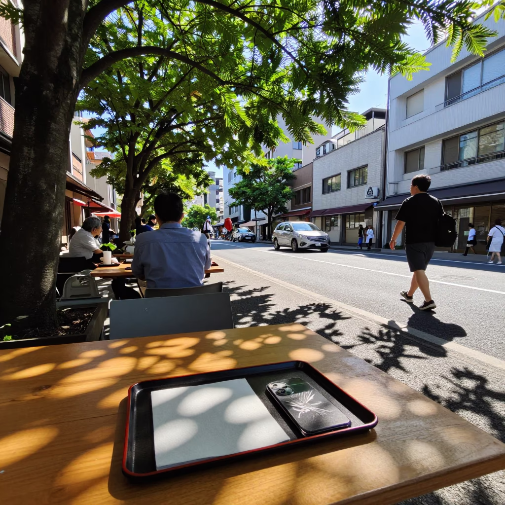 Late Afternoon Fukuoka Street Scene with Leaf Shadows and Local Treats in in Fukuoka, Japan