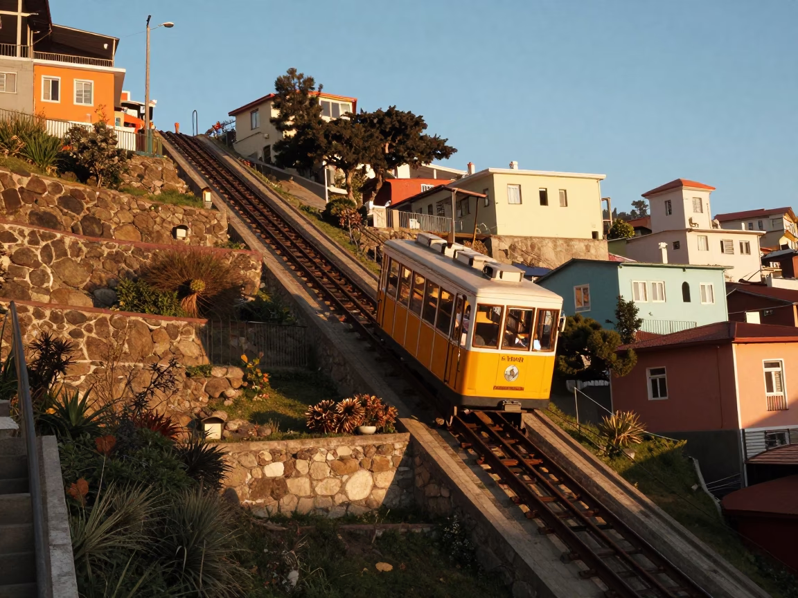 Late Afternoon Funicular Railway Ascending Steep Terraced Gardens in Valparaiso Chile in in Valparaiso, Chile