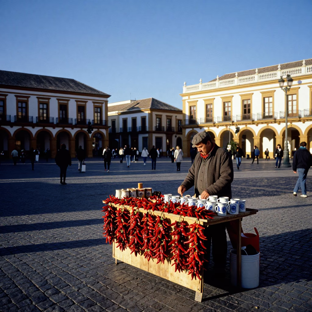 Late Afternoon Granada Spain Street Scene with Ceramic Mugs and Chili Peppers in in Granada, Spain