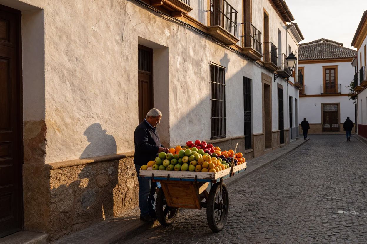 Late Afternoon Granada Spain Street Scene with Fruit Vendor and Traditional Architecture in in Granada, Spain