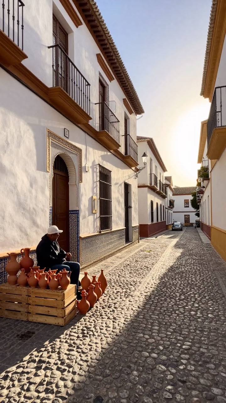 Late Afternoon Granada Street Scene with Clay Teapot and Flowerpot in in Granada, Spain