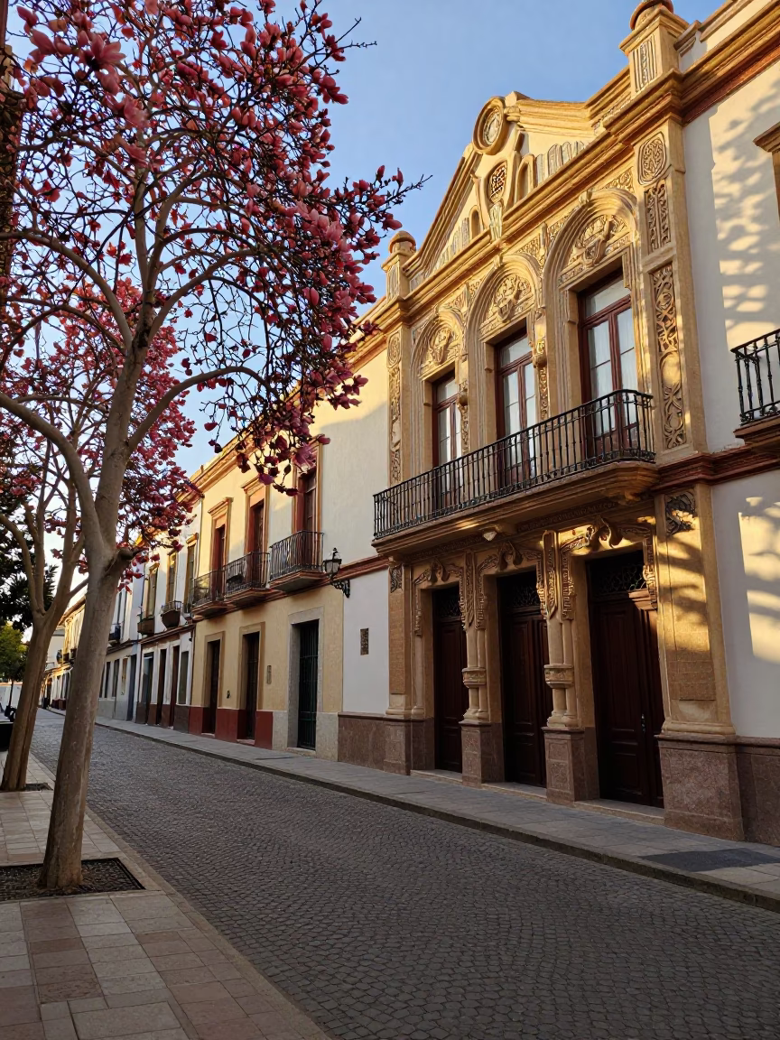 Late Afternoon Granada Street Scene with Magnolia Tree and Art Deco Cinema Facade in in Granada, Spain