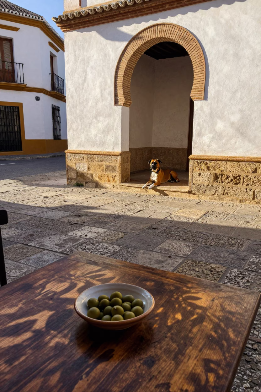 Late Afternoon Granada Street Scene with Olive Dish and Window Boxes in in Granada, Spain