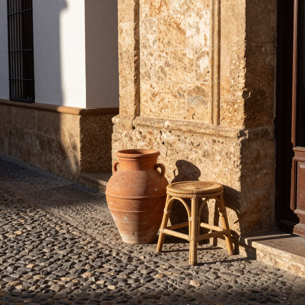 Late Afternoon Granada Street Scene with Terracotta Pot and Rattan Stool in in Granada, Spain