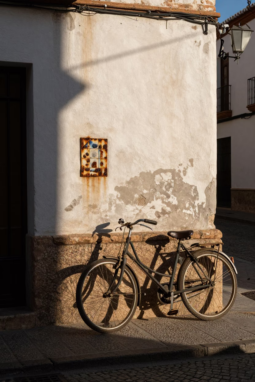 Late Afternoon Granada Street Scene with Vintage Bicycle and Rusty Metal Details in in Granada, Spain