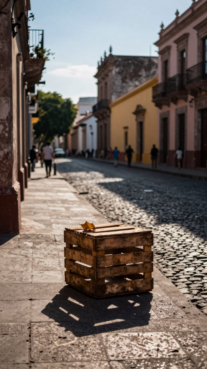 Late Afternoon Guadalajara Street Scene with Crate and Leaf Shadows in Mexican Sunlight in in Guadalajara, Mexico