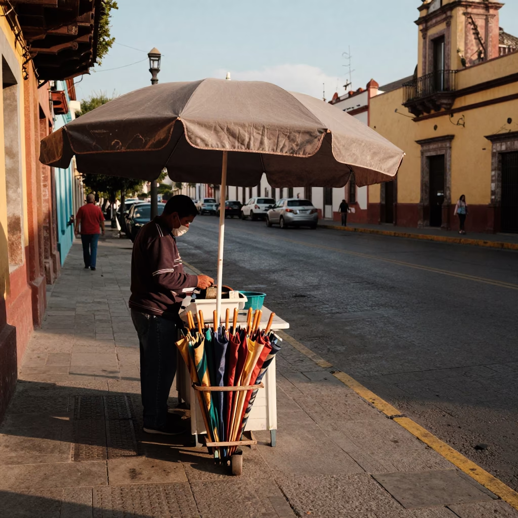 Late Afternoon Guadalajara Street Scene with Umbrella Stand and Twine in in Guadalajara, Mexico