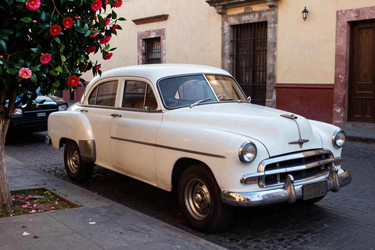 Late Afternoon Guadalajara Street Scene with Vintage Car and Flowering Shrub in in Guadalajara, Mexico