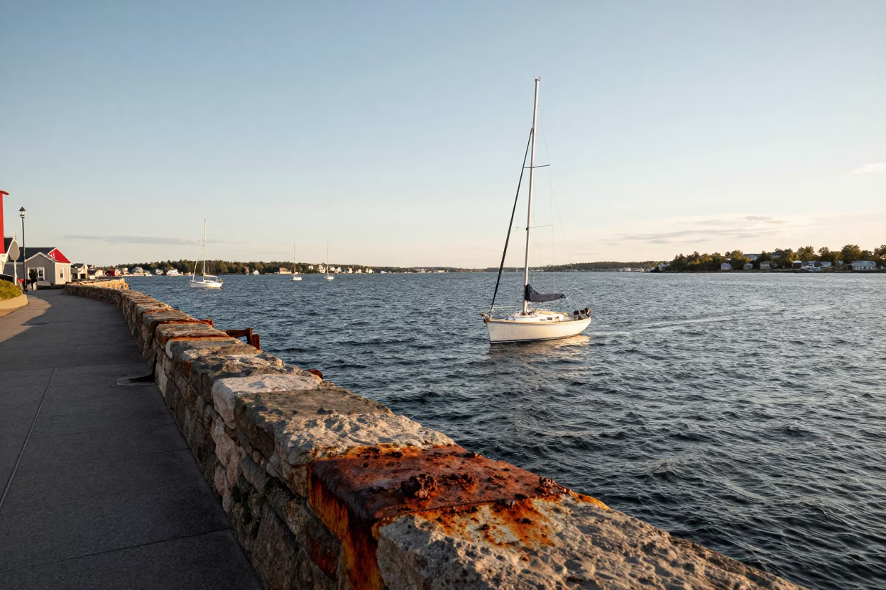 Late Afternoon Halifax Harbor Scene with Sailboat and Rusty Metal Details in in Halifax, Nova Scotia, Canada