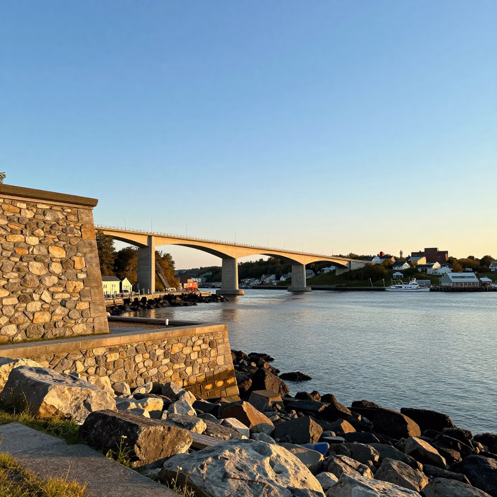 Late Afternoon Halifax Nova Scotia Harbor View with Concrete Viaduct and Colorful Cityscape in in Halifax, Nova Scotia, Canada