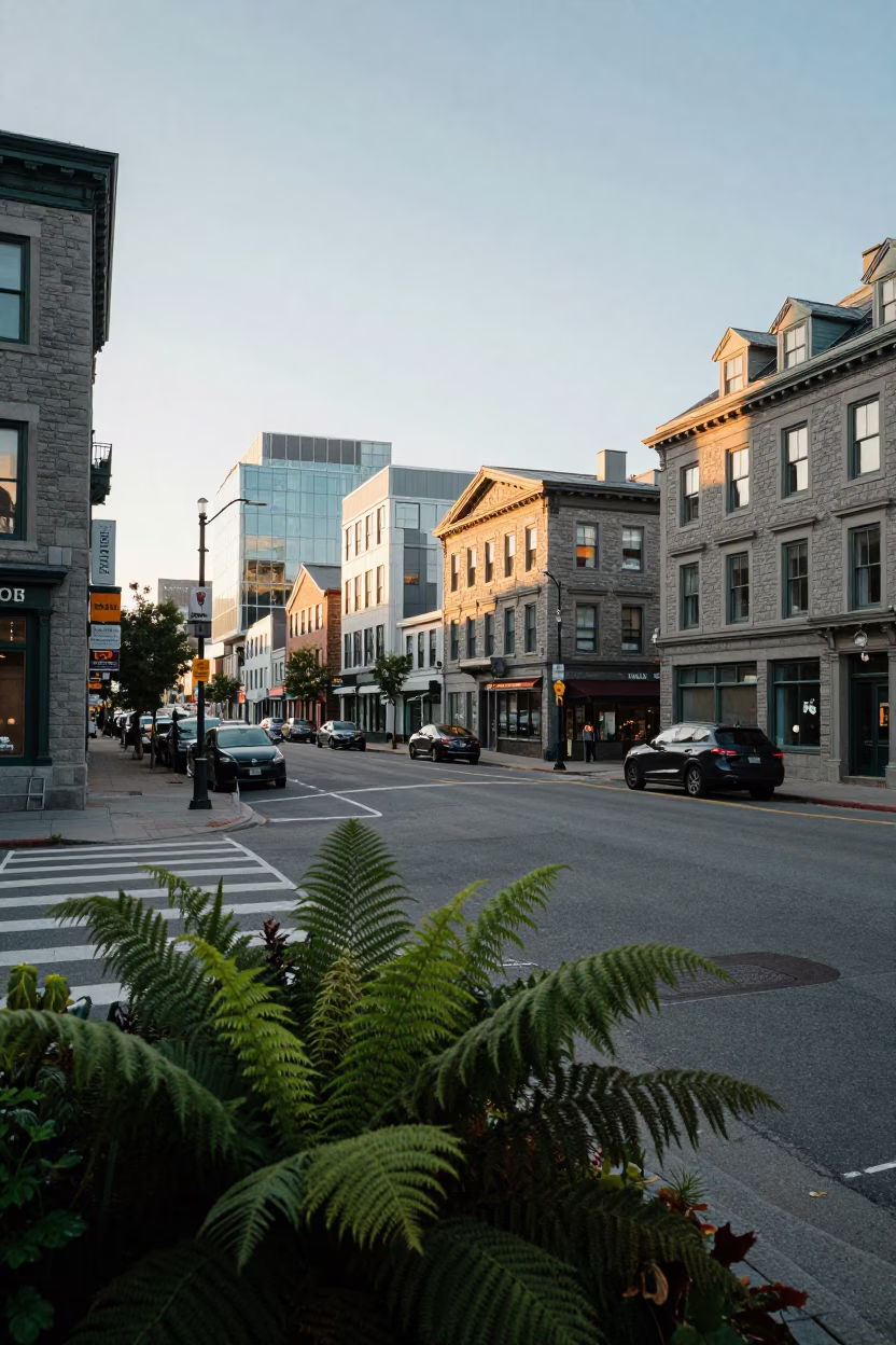Late Afternoon Halifax Nova Scotia Street Scene with Ferns and Urban Architecture in in Halifax, Nova Scotia, Canada