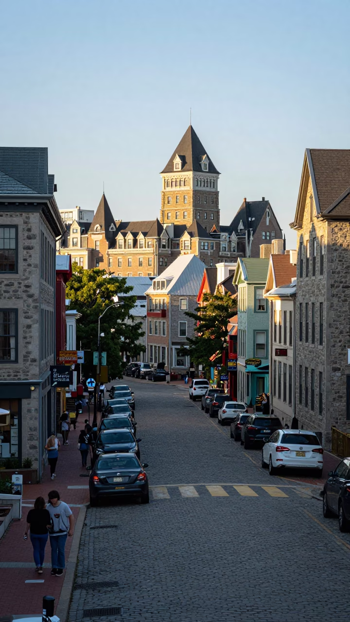 Late Afternoon Halifax Nova Scotia Street Scene with Historic Architecture and Pedestrians in in Halifax, Nova Scotia, Canada
