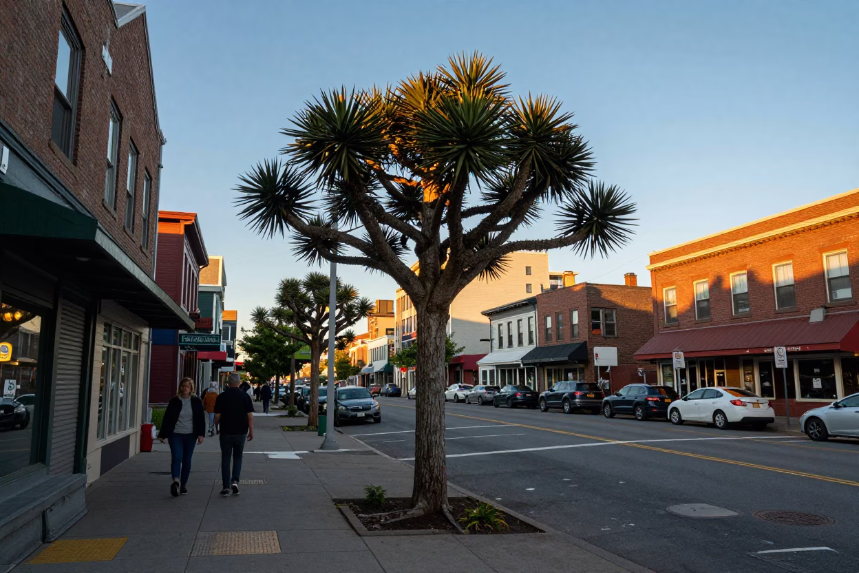 Late Afternoon Halifax Street Scene with Monkey Puzzle Tree and Urban Activity in in Halifax, Nova Scotia, Canada