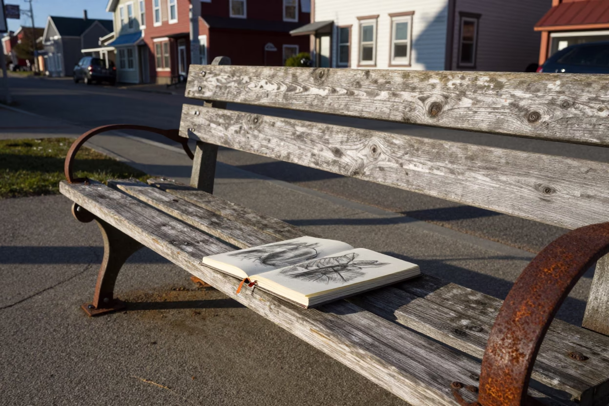 Late Afternoon Halifax Street Scene with Rusty Bench and Urban Details in in Halifax, Nova Scotia, Canada