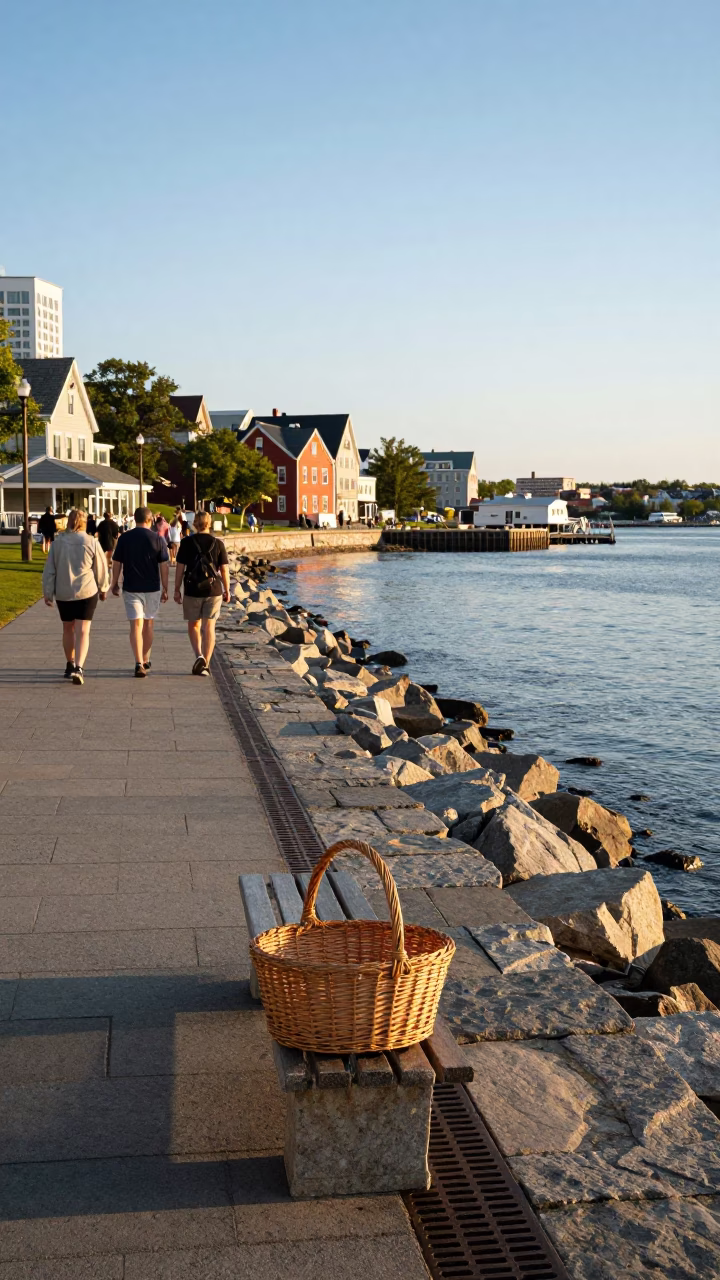 Late Afternoon Halifax Waterfront Scene with Pedestrians and Historic Architecture in in Halifax, Nova Scotia, Canada