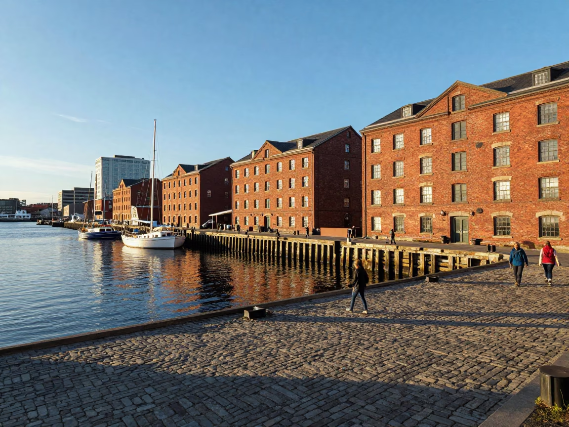 Late Afternoon Halifax Waterfront View of Historic Brick Warehouses and Busy Harbor Scene in in Halifax, Nova Scotia, Canada