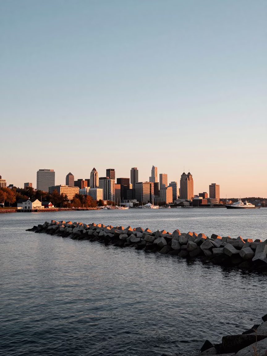 Late Afternoon Halifax Waterfront View with Coastal Breakwater and Warning Beacons in in Halifax, Nova Scotia, Canada