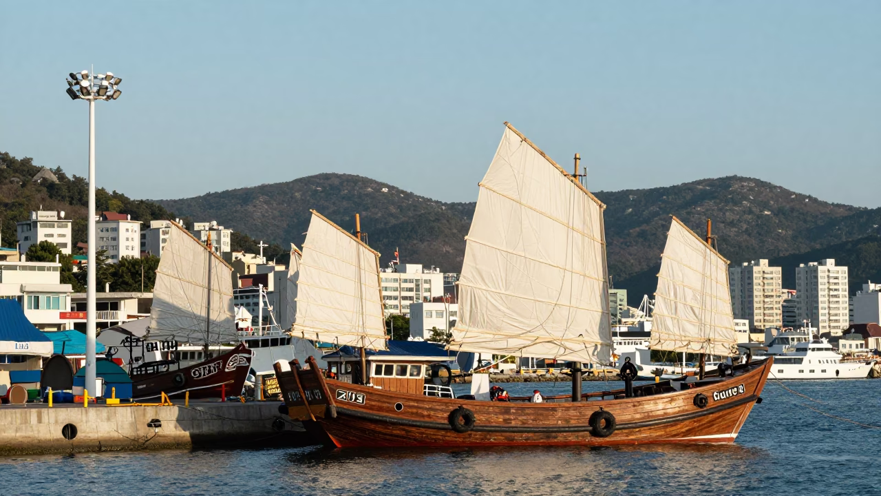 Late Afternoon Harbor Scene in Busan South Korea with Junk Boat and Coastal Life in in Busan, South Korea