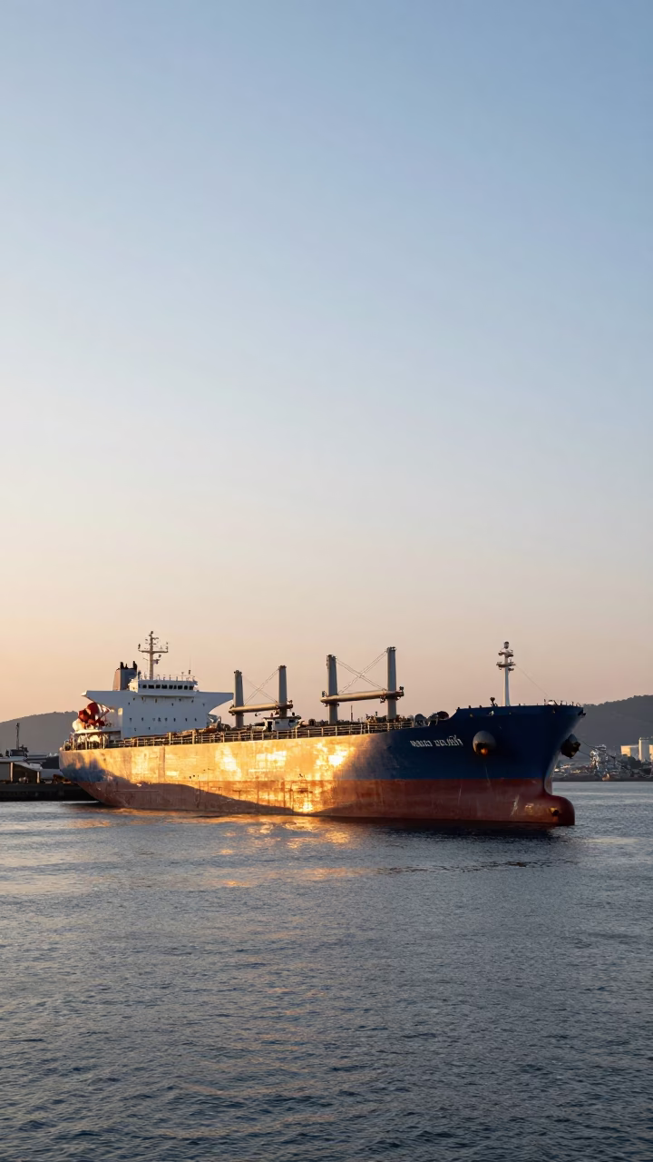Late Afternoon Harbor View of Busan South Korea Tanker Ship Docked at Refinery in in Busan, South Korea