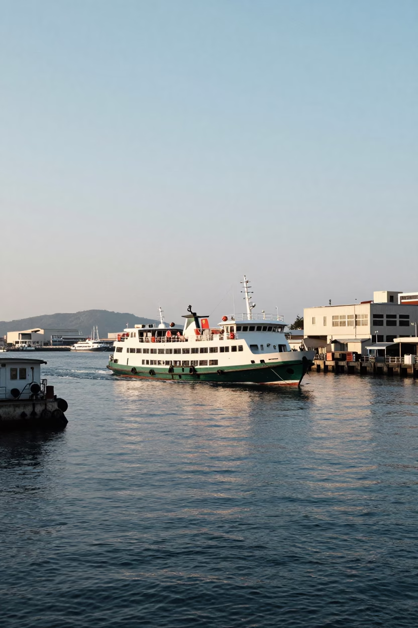 Late Afternoon Harbor View of Kaohsiung Taiwan with Ferry and Mountains in in Kaohsiung, Taiwan
