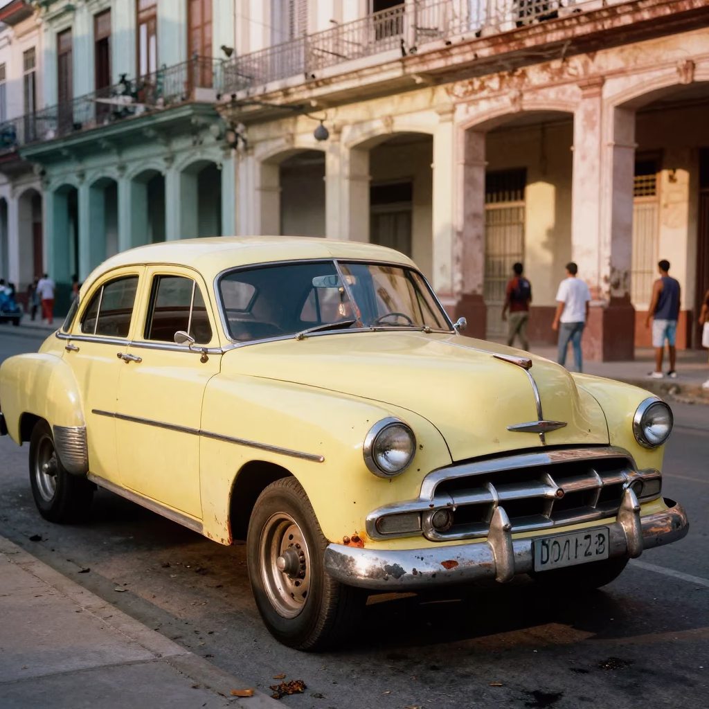 Late Afternoon Havana Cuba Street Scene with Vintage Car and Colonial Architecture in in Havana, Cuba