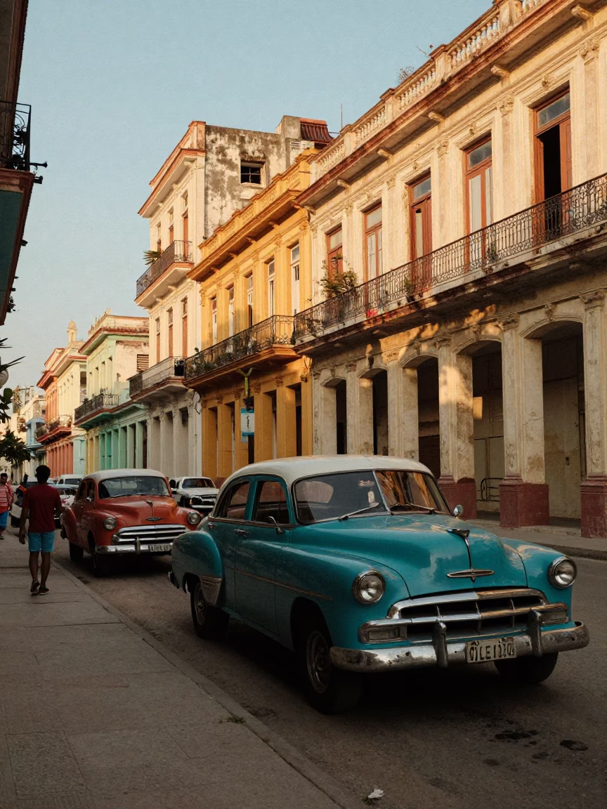Late Afternoon Havana Cuba Street Scene with Vintage Cars and Local Life in in Havana, Cuba