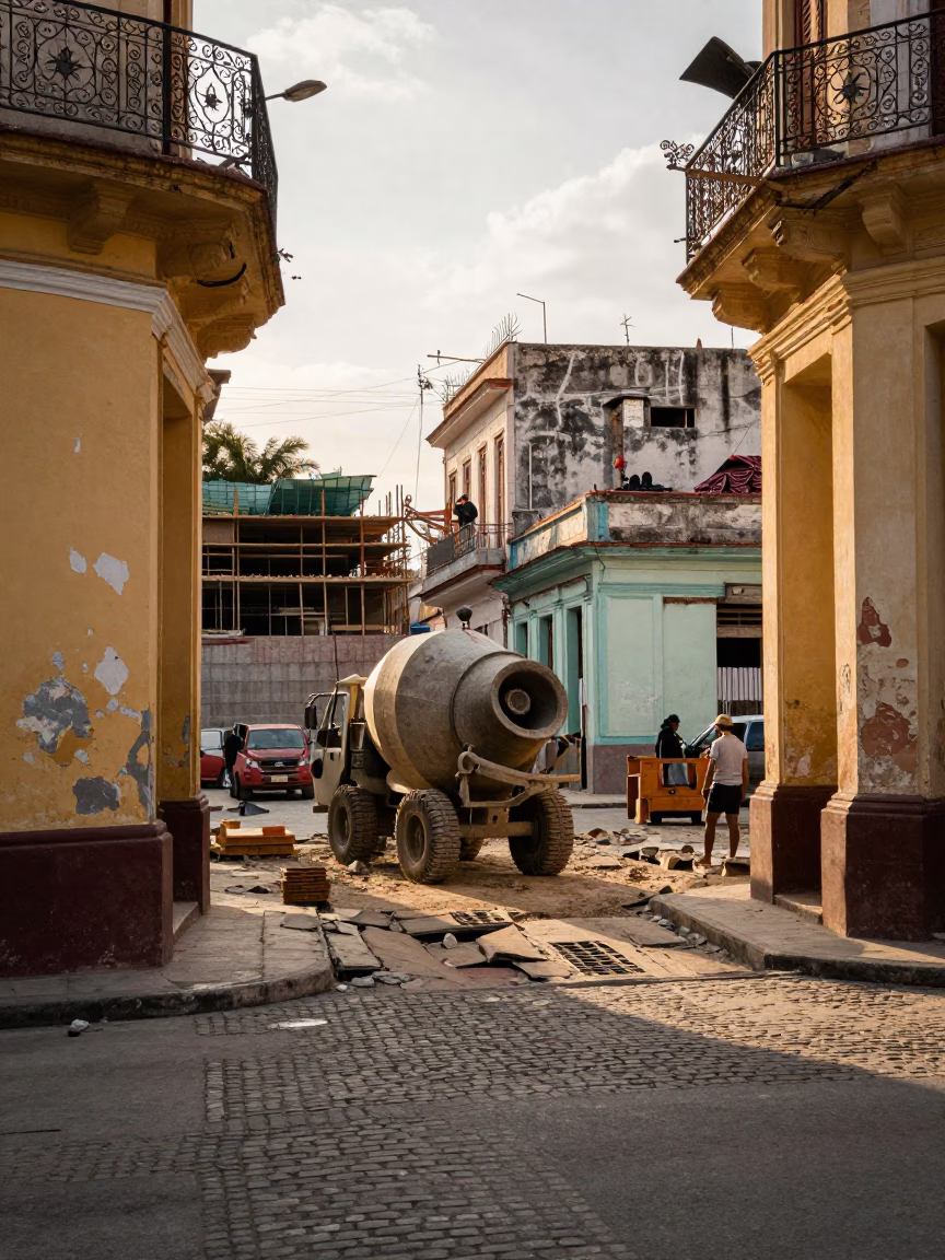 Late Afternoon Havana Street Scene with Cement Mixer Construction Activity in in Havana, Cuba
