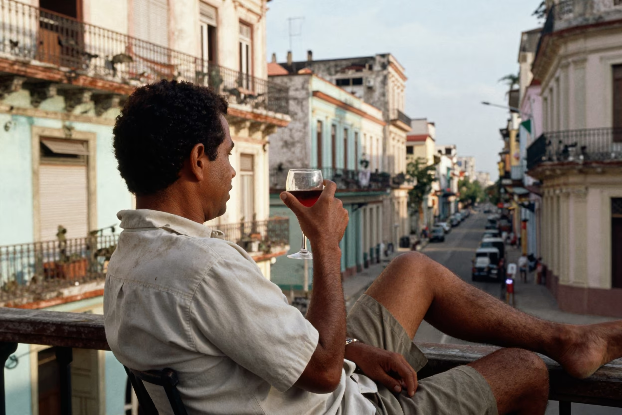 Late Afternoon Havana Street Scene with Glass of Red Wine and Sunset Light in in Havana, Cuba