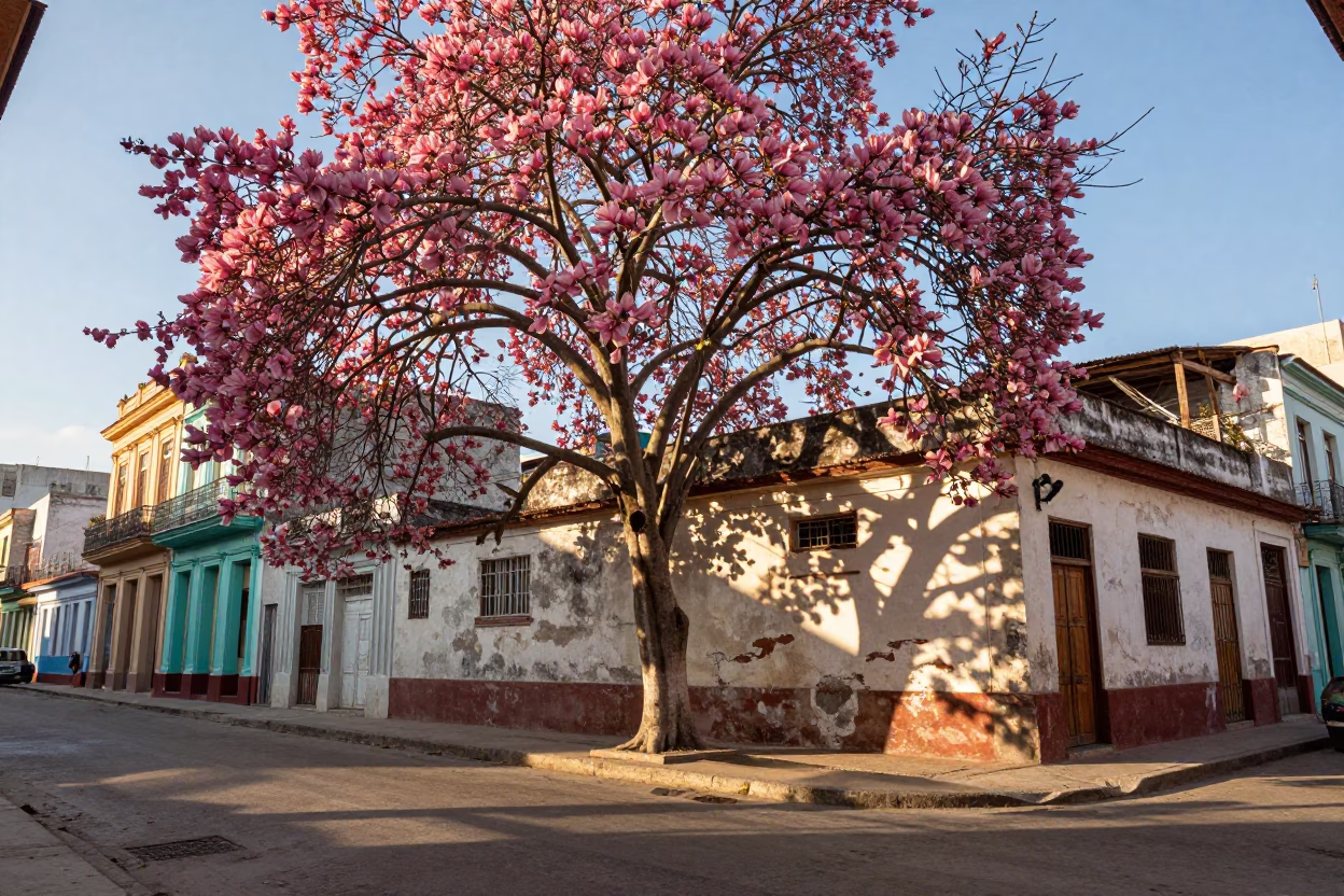 Late Afternoon Havana Street Scene with Magnolia Tree and Vintage Basketball in in Havana, Cuba